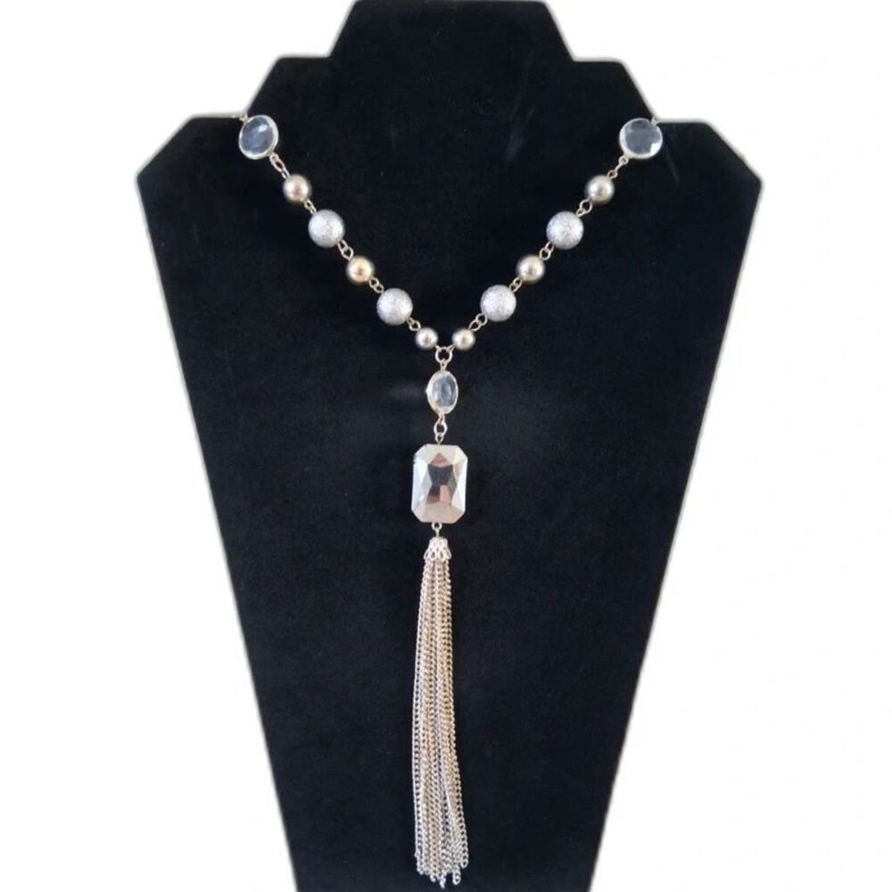 Silver Toned Metal Single Strand Round Beaded Pendant Tassel Statement Necklace